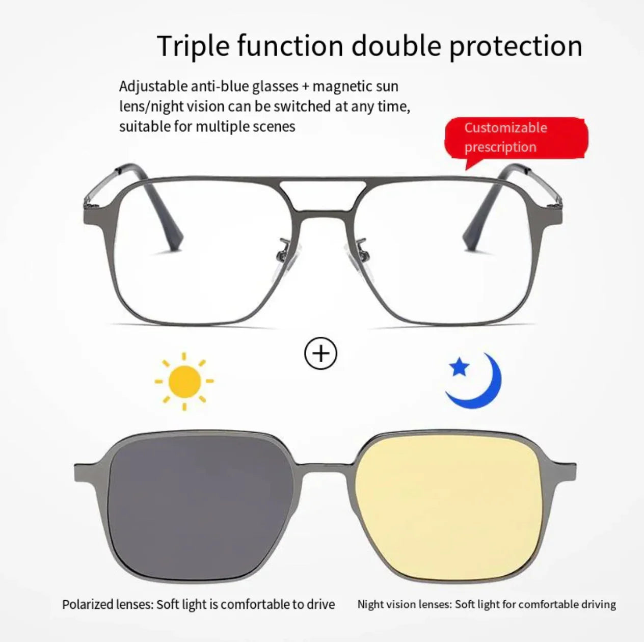 3-in-1 Magnetic Clip-On Sunglasses + Eyeglasses for Men & Women 🕶️✨ (Night Vision Driving, UV Protection)