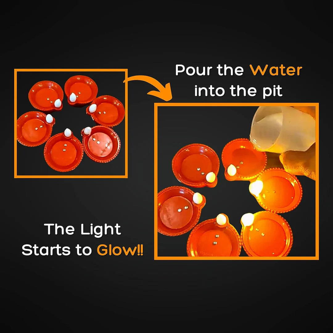 Water Sensor LED Diya - No Fire, No Smoke, No Oil – Just Radiant Light (Pack of 6/12/18/24)